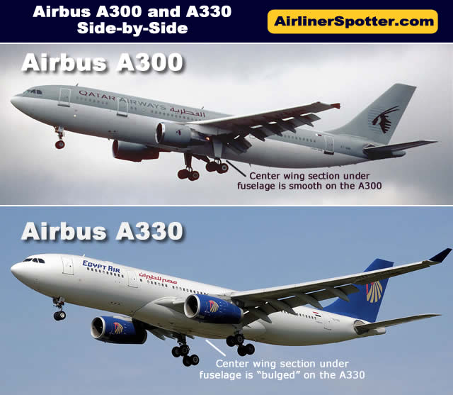The chart below shows how similar the Airbus A300 and the A330 are in overall appearance. One significant difference is between the wings and under the fuselage. The A300 is smooth under the fuselage, whereas the A330 features a bulge in that area.