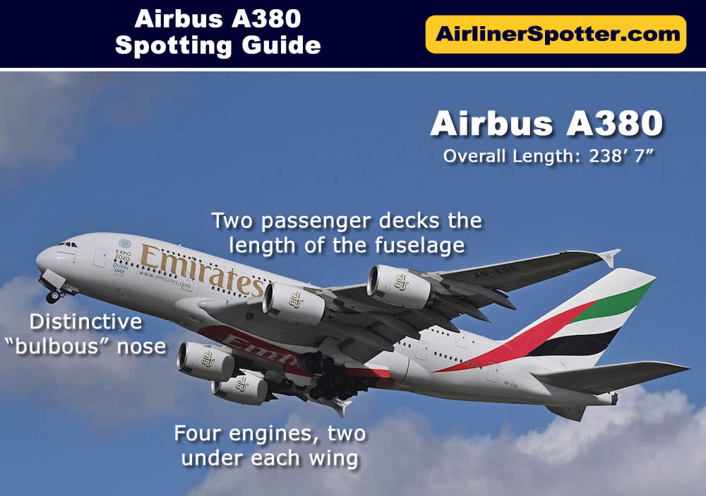 The Airbus A380 is also an easy spot, four engines, with its two passenger decks extending the length of the fuselage.