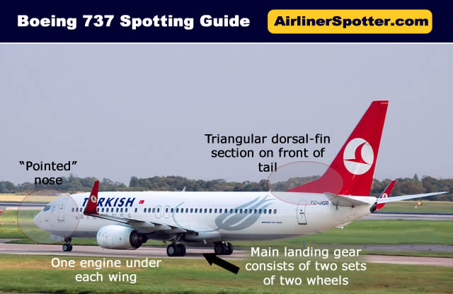 The Boeing 737 has two engines, a main landing gear consisting of two sets of two wheels, and a triangular section at the front of the tail. The nose is "pointed"