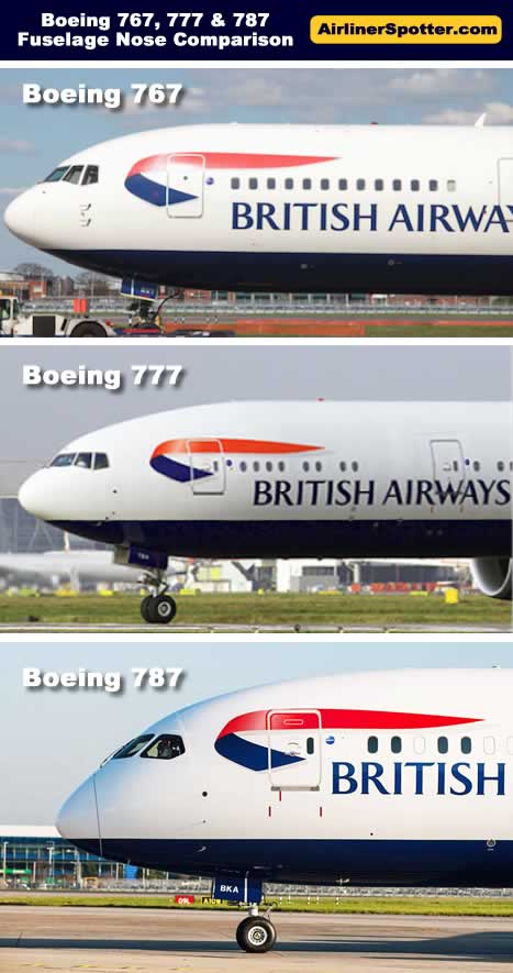 Comparison of the fuselage nose of the Boeing 767, 777 and 787