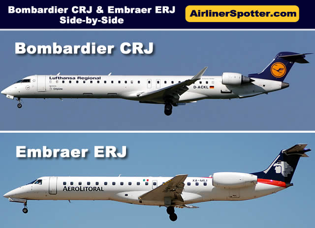 Side-by-side comparison of an Bombardier CRJ jet  (top) and an Embraer ERJ jet (bottom)