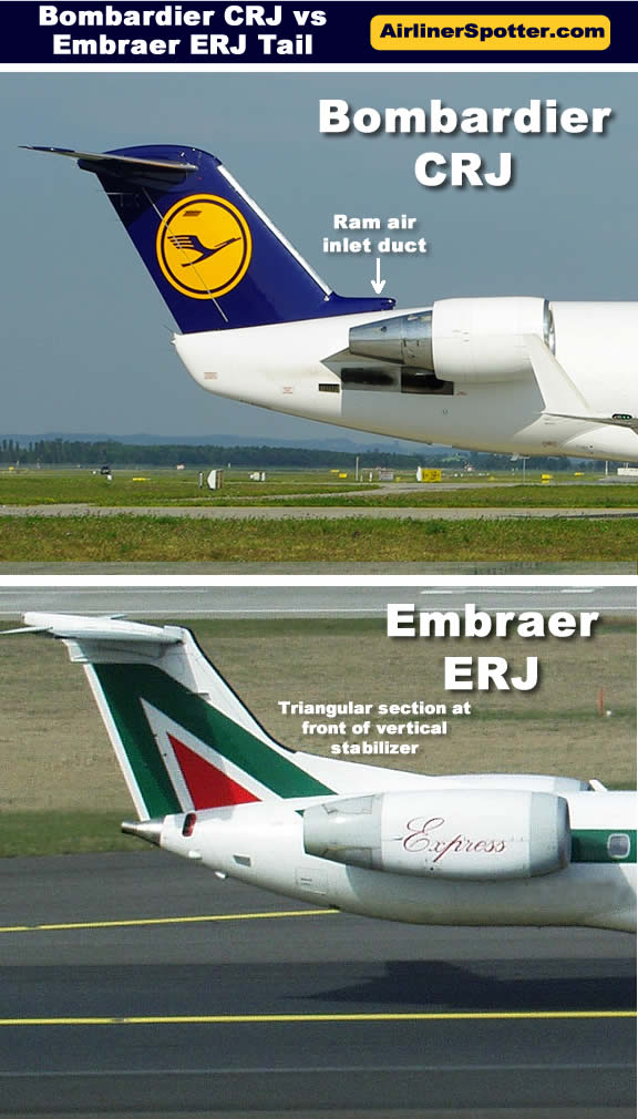 Comparison of the tail structures of the Bombardier CRJ (top) and Embraer ERJ (bottom) regional jets