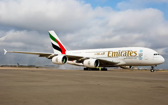 Emirates Airbus A380 on the apron at DFW Airport