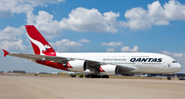 Qantas Airbus A380 at the DFW Airport in Texas