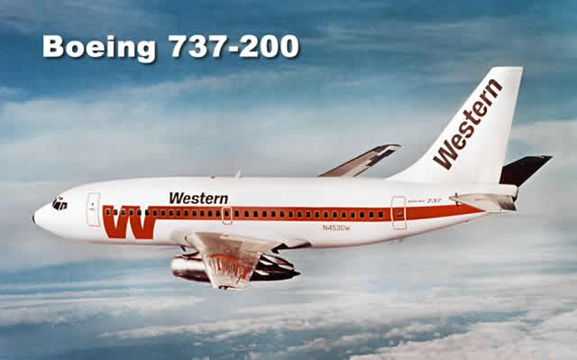 Boeing 737-200 of Western Airlines, showing the tubular-style engine housing of the -200