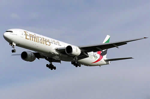 Emirates Boeing 777-31H, Registration Number A6-EMV, on landing approach
