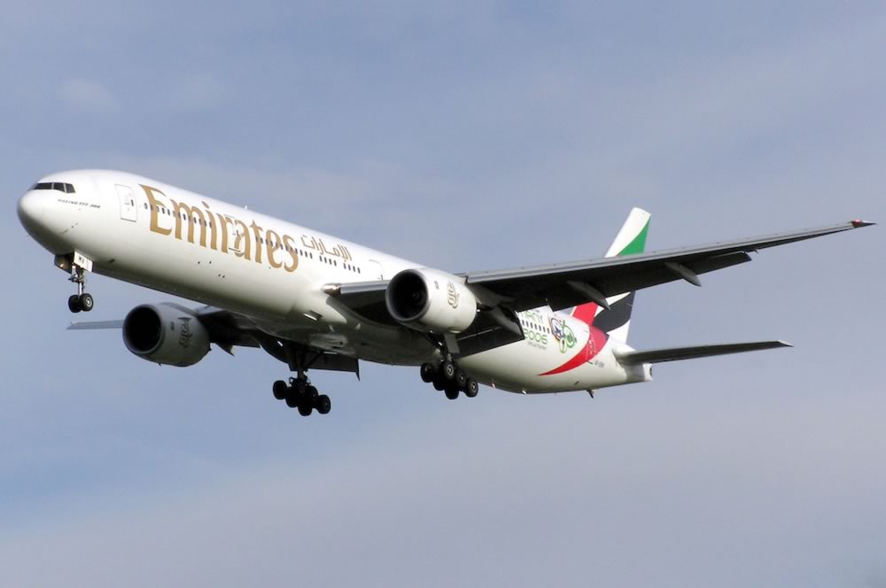 EEmirates Boeing 777-31H, Registration Number A6-EMV. This is a 777-300 series aircraft originally purchased by Emirates, Boeing Airline Customer Code 1H