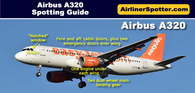 The A320 has two engines under the wings, two dual-wheel main landing gear, two cabin doors along the fuselage, two emergency exits over the wing, and the classic Airbus nose featuring the "notched" window.\