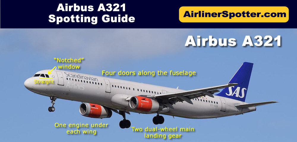 The Airbus A321 has two engines under the wings, two dual-wheel main landing gear, four doors along the fuselage, and the classic Airbus nose featuring the "notched" window.