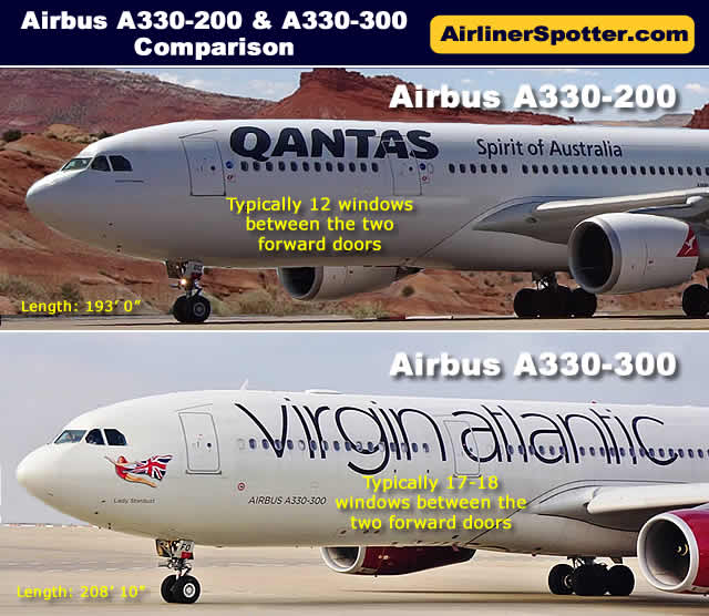 Comparison of the Airbus A330-200 (top) and A330-300 (bottom). The difference in the number of windows between the two forward fuselage doors can distinguish the two models.