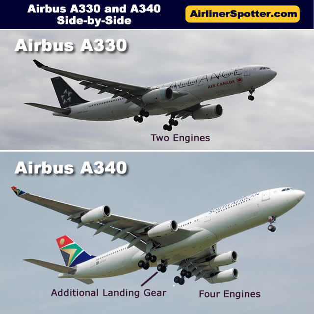 Side-by-side comparison of the Airbus A330 (top) and A340 (bottom)