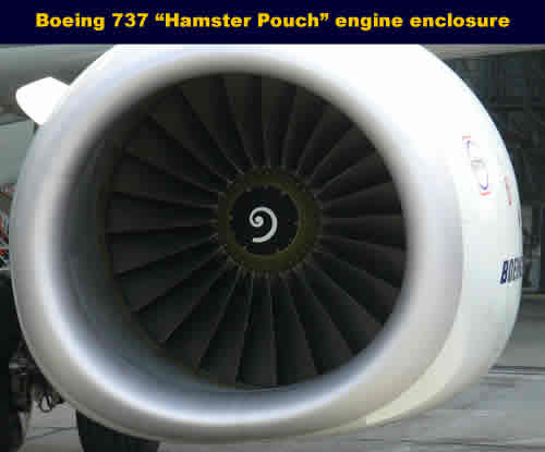 Boeing 737 engine enclosure has a distinctive non-circular air intake, aka the "hamster pouch"