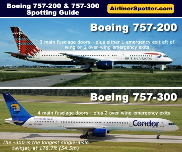 Chart showing spotting tips between the 757-200 and 757-300 models. The –200 has 3 cabin doors on each side of the fuselage along with emergency exit doors either aft of the wing or over the wing. The -300 has 4 cabins doors.