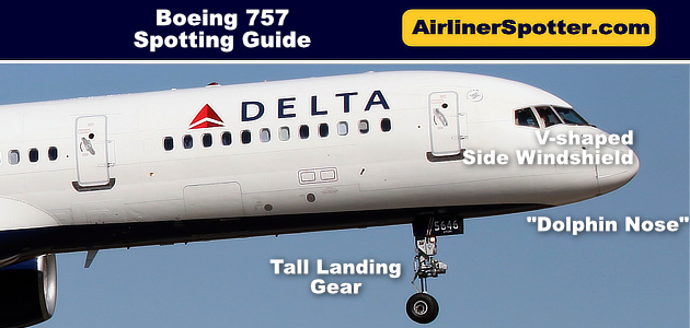 In this photograph, the dominant dolphin-shaped nose of the 757 can be seen on this Delta Air Lines airliner. Note also the classic Boeing "V-shaped" windshield windows.