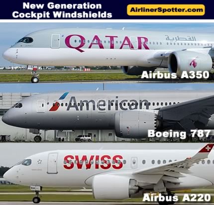 The cockpit windshield configuration (side view) of the Airbus A220 compared with the Airbus A350 and Boeing 787