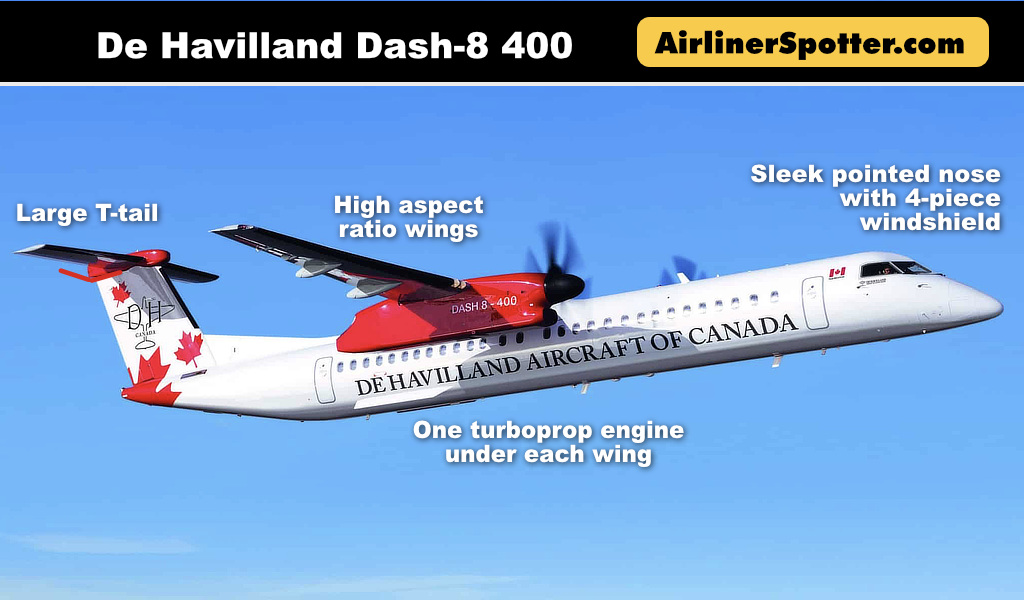 Spotting guide for De Havilland Dash 8 400, with its large T-tail, a high aspect ratio wing, elongated engine nacelles, pointed nose and 4-piece windshield. Spotting guide for De Havilland Dash 8 400, with its large T-tail, a high aspect ratio wing, elongated engine nacelles, pointed nose and 4-piece windshield.