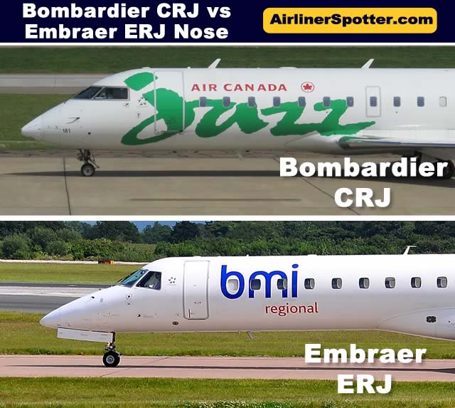 Comparison of the nose sections of the Bombardier CRJ (top) and Embraer ERJ (bottom) regional jets