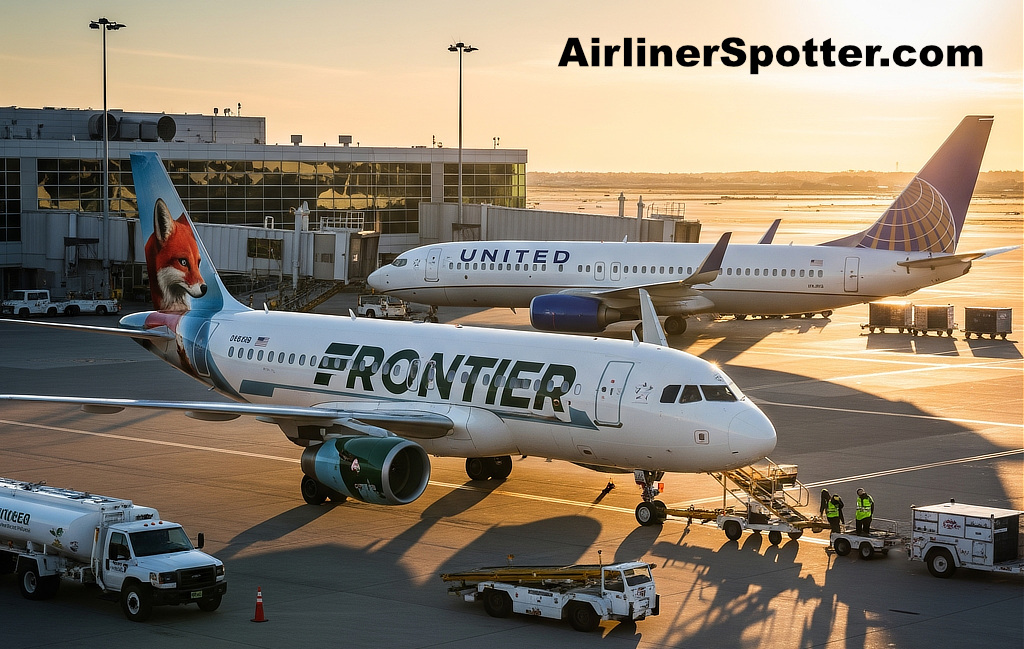 Frontier Airlines Airbus A320 parked next to a United Airlines Boeing 737