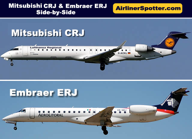 Chart showing a side-by-side fuselage view of a Mitsubishi CRJ regional jet (top) and an Embraer ERJ jet (bottom)