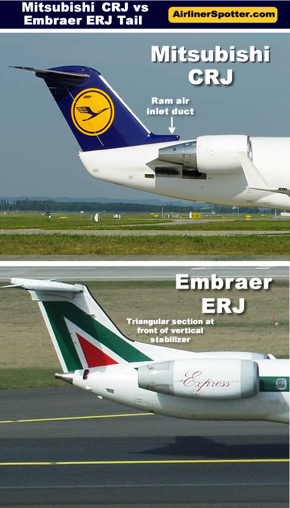 Comparison of the tail structures of the Mitsubishi CRJ (top) and Embraer ERJ (bottom) regional jets