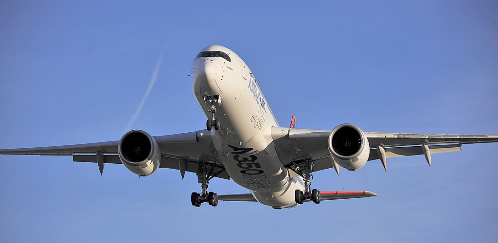 Front view of an AIrbus A350-900 in flight