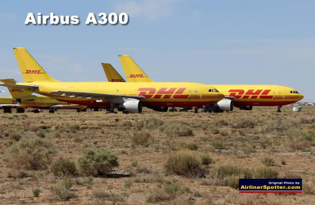 Airbus A300-B4-203 of DHL, registration N365DH (foreground), in desert storage at the Kingman Airport in Kingman, Arizona