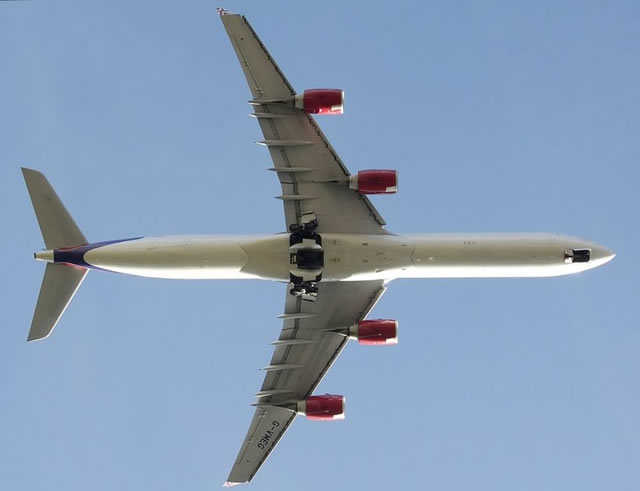 View of the undercarriage of an Airbus A340-600 of Virgin Atlantic