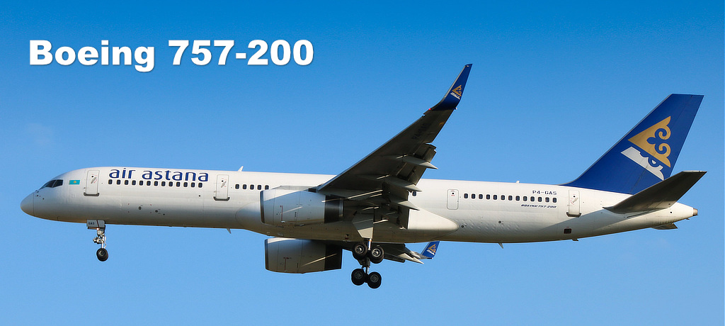The 757–200 has 3 doors on each side of the fuselage along with emergency exit doors over the wing. Seen here is a Air Astana Boeing 757-200.