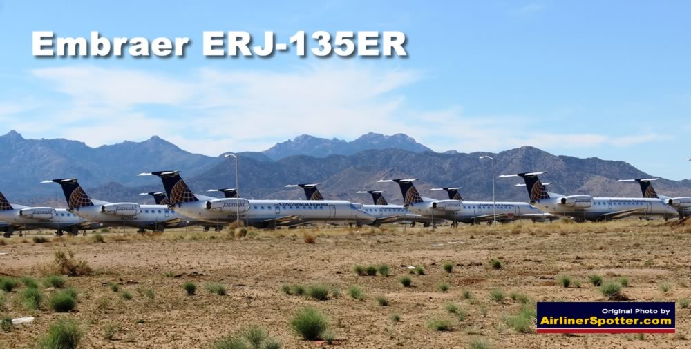 Embraer ERJ-135ER, registration N16501 (foreground), and others from Continental Express, in desert storage at the Kingman Airport in Kingman, Arizona, USA (Staff Photo